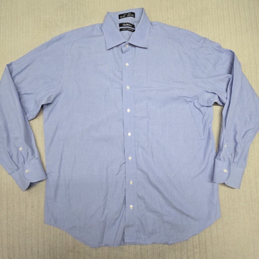 Saks Fifth Avenue Shirt Mens 17.5 34/35 XL Blue Solid Slim Fit Cotton Dress